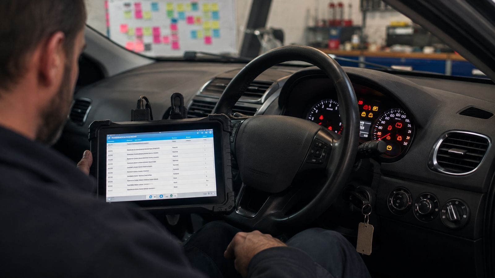 A technician in the driver's seat reading a fault code list on a diagnostic tablet