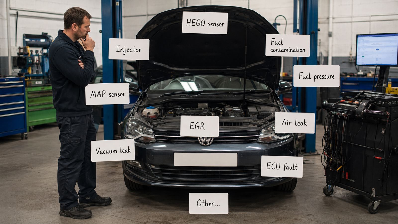 A technician facing a car with its bonnet up, surrounded by floating labels naming possible faults