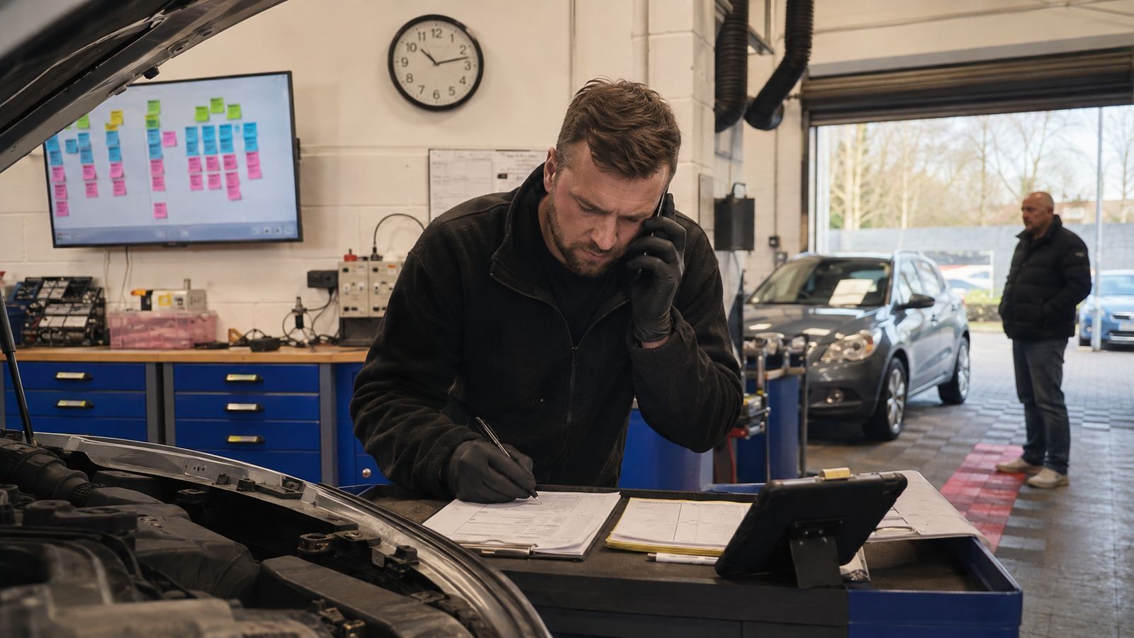 A technician on the phone writing on a job sheet in a busy workshop, a customer waiting in the doorway