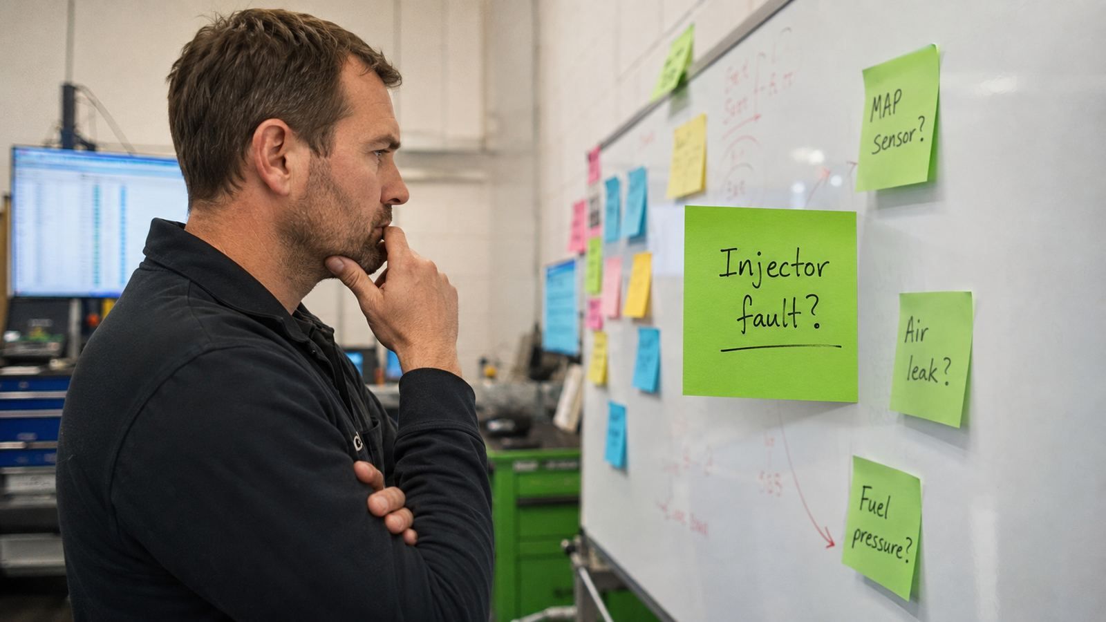 A technician looking at a whiteboard where one note reading Injector fault is underlined and larger than the others