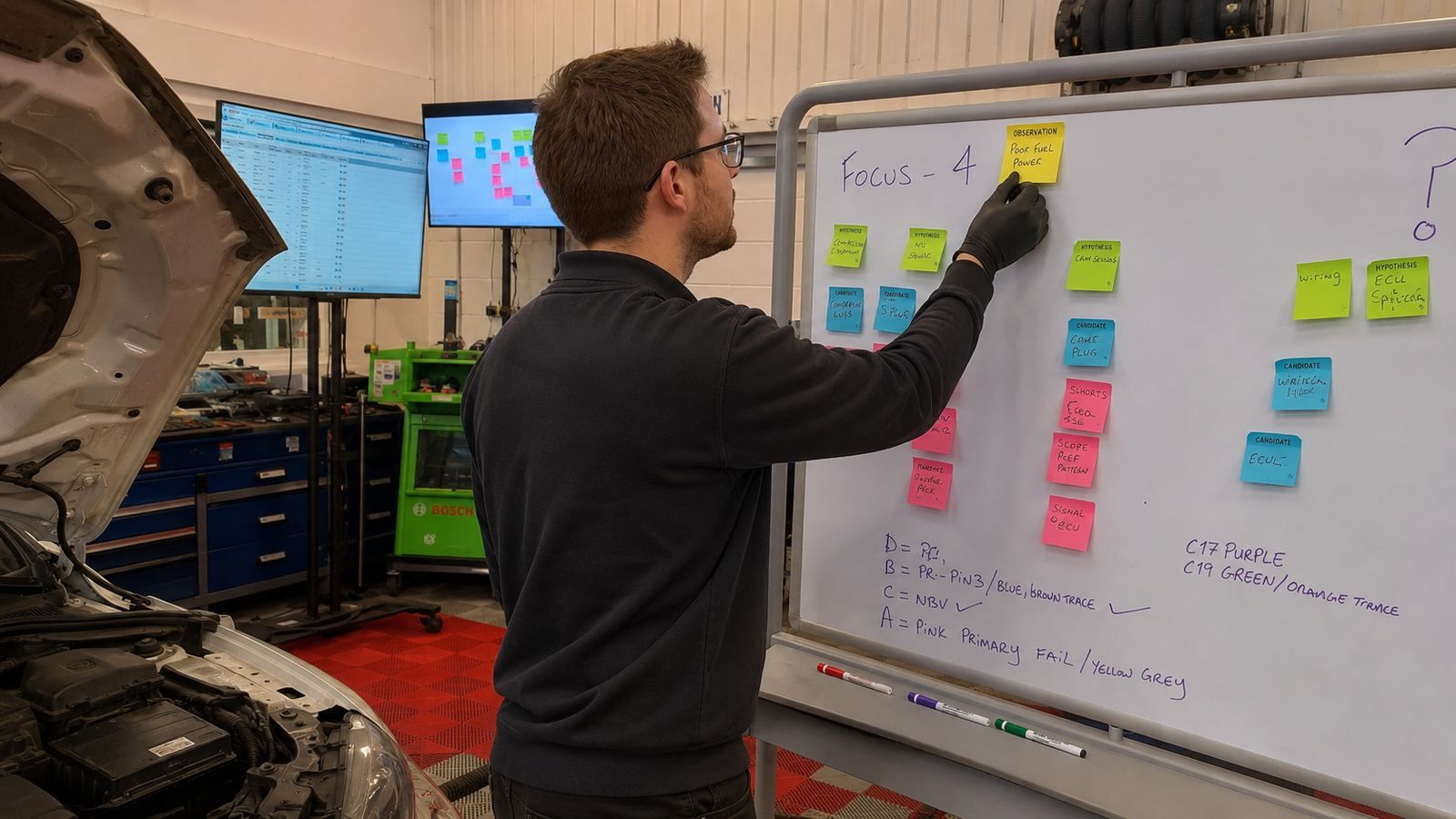 A technician placing a yellow observation note at the top of a whiteboard